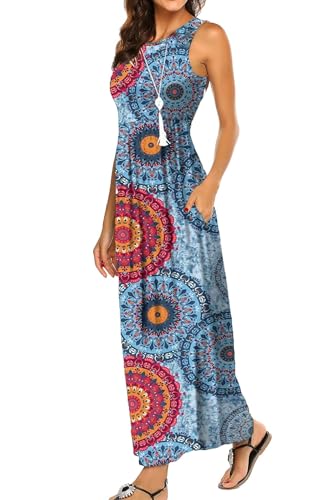 BDTECAOR Maxikleid Damen Sommer Ärmellose Lässige Strandkleider Blau M