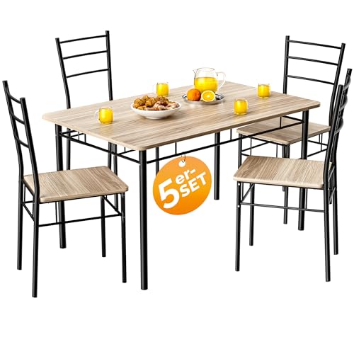 Casaria® Esstisch mit 4 Stühlen Holz 5-TLG Set Metall 110x70cm Industrial Modern Esszimmer Küche Stühle Tisch Möbel Essgruppe Sitzgruppe Leo Eiche hell