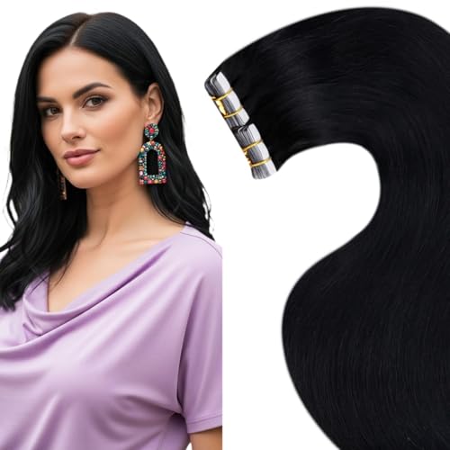LaaVoo Tape Extensions Echthaar Schwarz 60cm Extensions Echthaar Tape für Party Invisible Tapes in Extensions Echthaar Remy Haar Glatt 50G 20Stücke #1