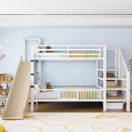 Huayz Metall-Hochbett für Kinder mit Rutsche und Stauraumtreppe 90×200cm,Etagenbettgestell mit Schutzgittertür, integrierten Regalen,Kinderbett für Jungen- und Mädchen,ohne Matratze (Weiß)