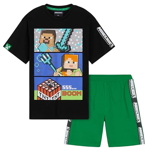 Minecraft Schlafanzug Jungen Teenager 5–14 Jahre, Weicher Pyjama Set Kurzarm Mit T-Shirt Und Shorts, Geschenke Für Kinder (Schwarz/Grün, 9-10 Jahre)