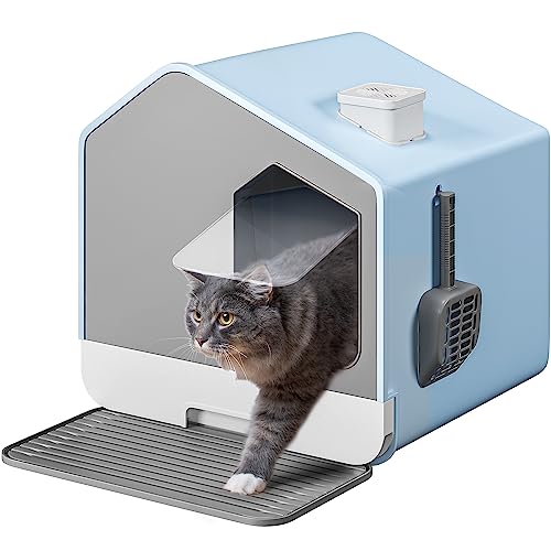 YITAHOME XXL katzenklo mit Deckel, 44x40x 45cm, Häuschen-Design katzentoilette mit Streumatte & Schaufel, Einfache Schubladen-Reinigung, Hohe Kanten Cat Litter Box (Blau)