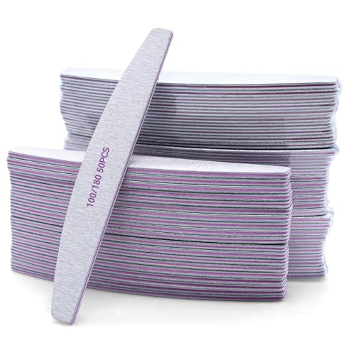 NVGFTG 50 Stück Nagelfeile 100/180, Halbmond Nagelfeilen für Gelnägel, Doppelseitige Nagelfeilen Set, Nail File, Grit Einweg Nail Feilen für Nagelstudios DIY Nail Art Zuhause