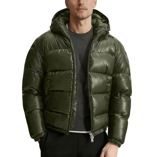 Glänzende Puffer Jacke Herren mit Kapuze Glanz Winterjacke Men Winter Daunen Jacket Moderne Wendejacke Hip Hop Daunenjacke Hooded Übergröße Herrenjacke Warme Dicke Steppjacke Grün L