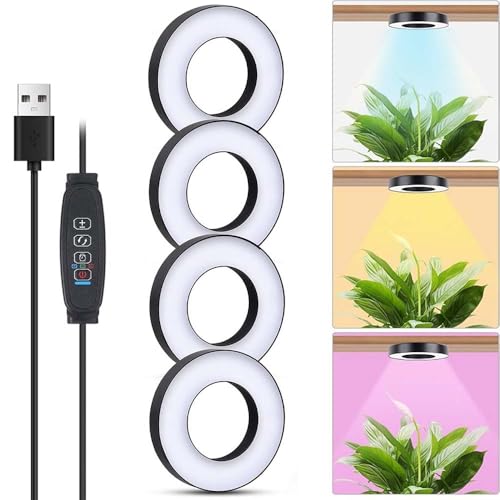 4 Stück Pflanzenlampe LED Vollspektrum, Pflanzenlicht Pflanzenwachstum Grow Lampe mit 10 Helligkeit und 3 Lichtmodi Zeitschaltuhr 3/9/12 Std und USB Adapter, Wachstumslampe für Zimmerpflanzen