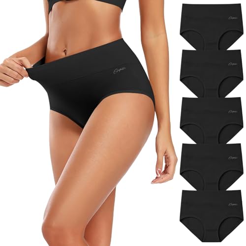 Gutable Unterhosen Damen 5er Pack, Damen Slips Baumwolle Hohe Taille, Slips Damen Stretch & Atmungsaktiv, Weiche Unterwäsche für Frauen Schwarz L