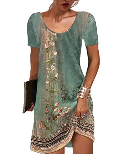 GRMLRPT Damen Kurzarm Rundhals Kleid Bohemian Blumen Sommerkleider MiniKleid Blumendruck Lose Tunika Freizeitkleid(Grün,XL)