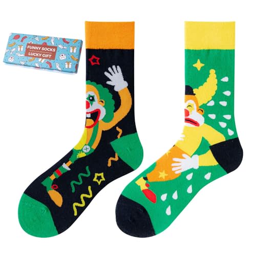 NxnChc Lustige Socken Für Damen Und Herren Unisex Viele Clown im Zirkus Motive Tier Essen Obst Sport Kunst Aus Baumwolle Geschenk Asymmetrische Muster Links Und Rechts