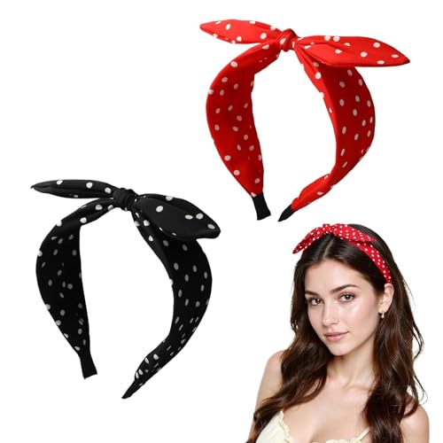 2er Set Breite Haarbänder für Damen, Rockabilly Accessoires mit Polka Dots - Vintage Haarreif Rot & Schwarz, Rutschfester Rockabilly Haarschmuck