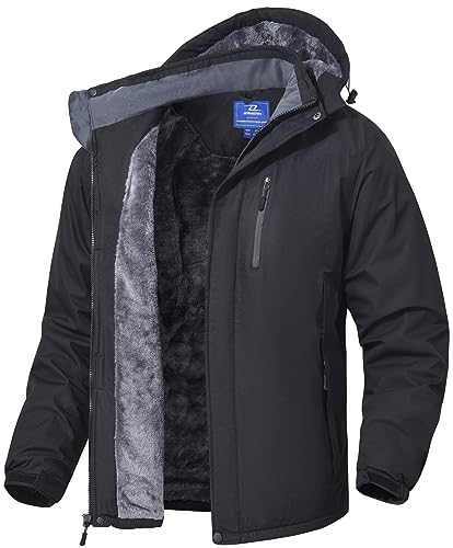 SPOSULEI Herren Winter Fleecejacke Warme Verdickt Gefüttert Skijacke Outdoor Winddicht Wasserdicht Jacke mit Abnehmbarer Kapuze für Wandern Schwarz 2XL