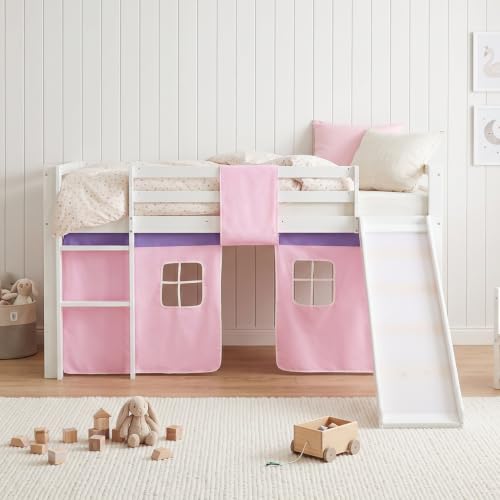 Homestyle4u Hochbett 90x200 mit Rutsche, Vorhang Rosa & Lattenrost