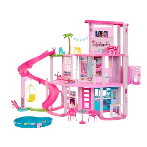 Barbie Traumvilla, 3-stöckiges Barbie-Haus mit 10 Spielbereichen inklusive Pool, Rutsche, Aufzug, 75 Puppen-Accessoires, Spielzeug-Welpe, Spielzeug für Kinder ab 3 Jahre, HMX10