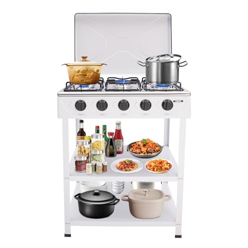 Gasherd, 5 Flammig Gaskochfeld Campingkocher Kocher mit Deckel,Erdgas Gaskocher Mit 2 Etagen Ablageflächen Outdoor Reisen Camping