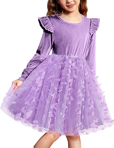 Arshiner Mädchen Festliches Kleid Samtkleid Lila Schmetterling Festkleid Kleine Kinder Tüllkleid Winter Langarmkleid Hochzeit Prinzessin Partykleid 120/5-6 Jahre