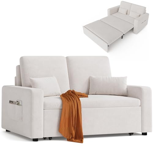 Xbro Schlafsofa 147x196x87 cm, Schlafsofa 2-Sitzer Ausziehbar, Sofa mit Schlaffunktion, Modernes Veloursstoff Sofabett, Beige
