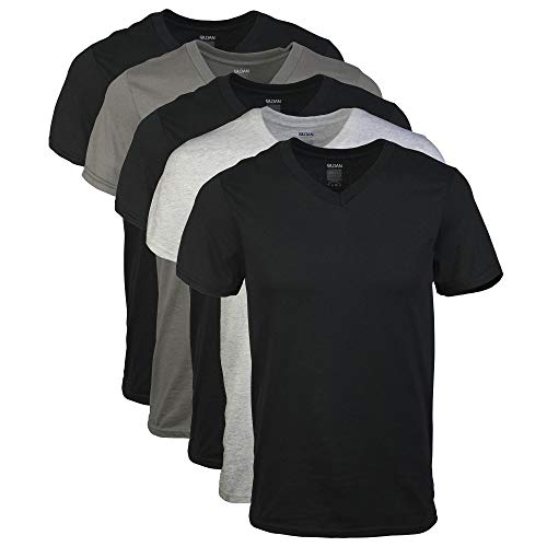 Gildan Herren T-Shirts mit V-Ausschnitt, Multipack, Stil G1103 Unterhemd, Schwarz/Sport Grey/Charcoal (5er-Pack), Mittel