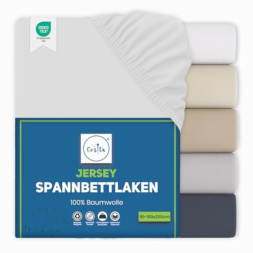 Cozita Basics Spannbettlaken 90x200cm - 100% Baumwoll Jersey Bettlaken, Öko-Tex Zertifiziert, bis 25 cm Matratzenhöhe – Weiß