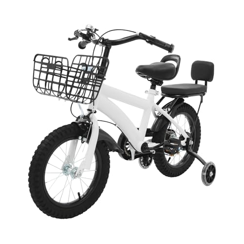 LKHDONG 14 Zoll Kinderfahrrad, Kinderrad mit Stützräder und Korb, Kinder Fahrrad für ab 3-7 Jahre, Fahrrad Kinder Höhenverstellbares, Doppelbremse, Tretfahrrad Mädchen Jungen mit Rücksitz (Weiß)
