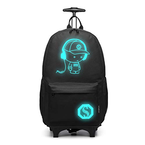 KONO Trolley Rucksack Kinder, Schulrucksack mit Rollen und Teleskopgriff, Rucksack mit nachtleuchtendem Motiv, für Schule und Reisen, passend für 15,6 Zoll Laptop, Schwarz