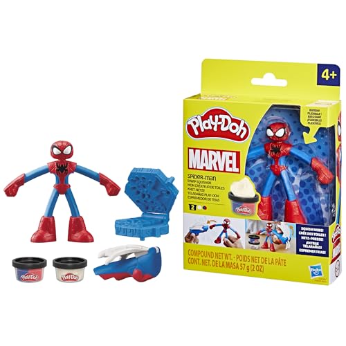 Play-Doh Spiderman Thwip Squisher, 2 Dosen Modelliermasse, Bastelset mit 10 cm große Actionfigur und Stempelformen, Superhelden-Figur mit Abzeichen, kreatives für Kinder ab 3 Jahren