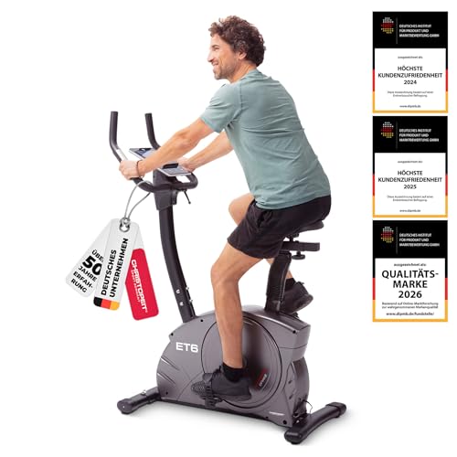 CHRISTOPEIT Ergometer Heimtrainer ET 6 Fahrrad mit 24 Widerstandsstufen, bis 150kg und 200cm, 12kg Magnet-Bremssystem, Kinomap, Bluetooth, Pulsmessung, bequem, leise