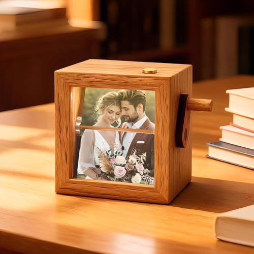 HOVCEH Personalisierter Foto Flipbook Rahmen, Handkurbel Flipbook mit Licht, Fotorahmen für Mehrere Fotos, FotoFlipbook Box aus Holz, Fotogeschenke Personalisiert, Foto Geschenk für Paare