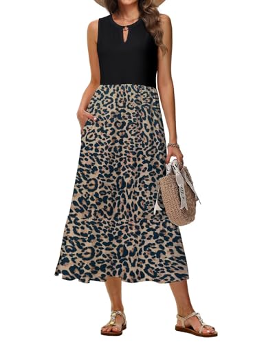 Tanmolo Damen Maxikleid Ärmellos Rundhals A-Linie mit Taschen, Leopardprint, M