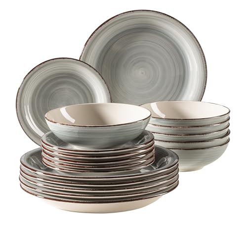 MÄSER 931875 Bel Tempo II, Teller-Set für 6 Personen im modernen Vintage Look, 18-teiliges Tafelservice, handbemaltes Keramik-Geschirr Service, Steingut, rauchblau