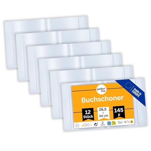 perfect line – 12x Buchumschlag 26,5 cm Höhe – Schulbuchhülle extra stabil aus PP – Buchschoner glasklar, transparent, abwischbar – Hülle bis 54 cm Breite – Made in EU – ideal für Bücher