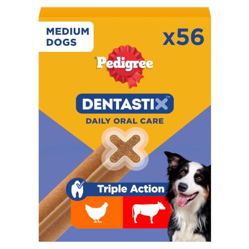 Pedigree DentaStix Hundesnack für mittelgroße Hunde (10-25kg), Zahnpflege-Snack mit Huhn und Rind, 1 Packung je 56 Stück (1 x 1.44 kg)