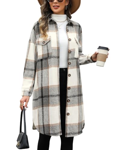 Tuopuda Damen Hemdjacke Karierte Shacket Lange Loose Mantel Casual Flanell Lange Ärmel Knopfleiste Jacke Übergangsjacke(Hellkhaki,XXL)