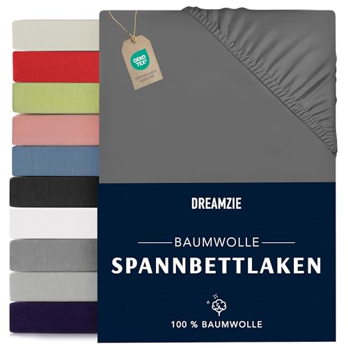 Dreamzie - Spannbettlaken 90x190/200cm - Baumwolle Oeko Tex Zertifiziert - Anthrazitgrau - 100% Jersey Spannbetttuch 90x190/200
