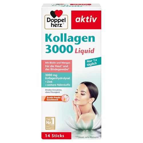 Doppelherz Kollagen 3000 Liquid - Haut + Bindegewebe - Mit Vitamin A, Zink und Biotin als Beitrag zur Erhaltung normaler Haut – 14 Portionsbeutel