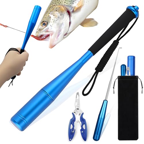 YUJUVI Fischtöter Angelzange 3-teiliges Angelzubehör Hakenlöser Fischbetäuber Set Aluminium Fisch Totschläger Angeln Zange Disgorger Forelle Angel Werkzeug mit Tasche (Blau)