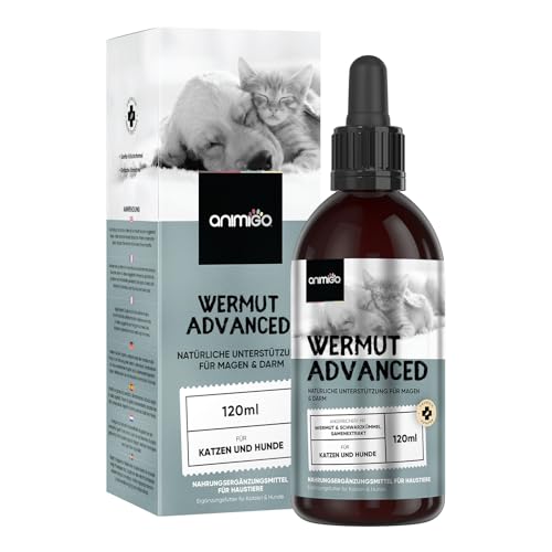 animigo Wermut Tropfen für Katzen & Hunde - 120ml Tropfen - 1+ Jahr Vorrat - Mit Wermut, Schwarzkümmel und Samenextrakt - Alternative zu Wermut Tabletten - Für Katzen und Hunde jeden Alters