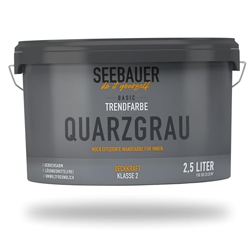 SEEBAUER diy Trendfarbe Dunkelgrau 2,5L (No. T04 Quarzgrau) für den Innenbereich - Edelmatte Wandfarbe Grau - Hochdeckende Innenfarbe in Profi-Qualität