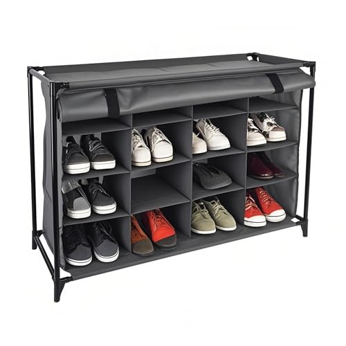 Relaxdays Camping Schuhregal, 16 Fächer, Stoffschuhschrank mit Vorhang, HxBxT: 65 x 85 x 35,5 cm, Campingschrank, grau