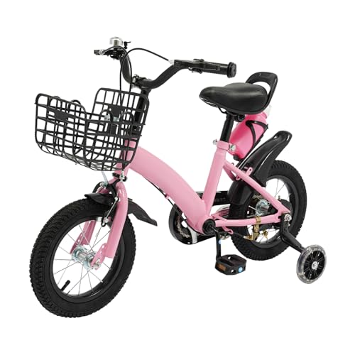 GXSFLG 12 Zoll Kinderfahrrad, mit Stützrädern, Korb & Wasserflasche in Rosa, Für Jungen & Mädchen ab 2-5 Jahre, Höhenverstellbarer Sitz Lenker, Upgraded Design mit Kettenschutz Rutschfesten Reifen