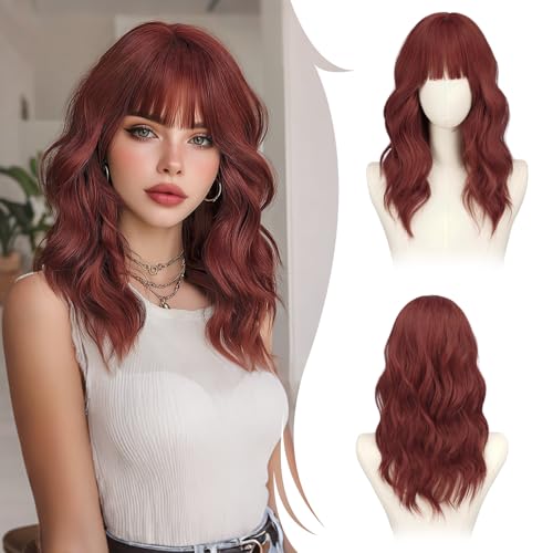 RUWISS Kupfer Rot Lange Gewellte Perücke mit Pony für Damen, 20 Zoll Layered Perücke Damen, Natürlich Synthetisch Hitzebeständig Wigs für Alltag Party Cosplay Halloween