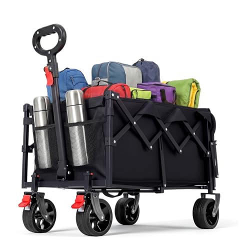 HAUSPROFI Bollerwagen Faltbar 80-100L 100KG Tragkraft, Faltbarer Bollerwagen Geländetauglich mit Bremsen, All-Terrain, Seitentasche und Getränkehalter, für Outdoor, Camping, Garten und Einkaufen