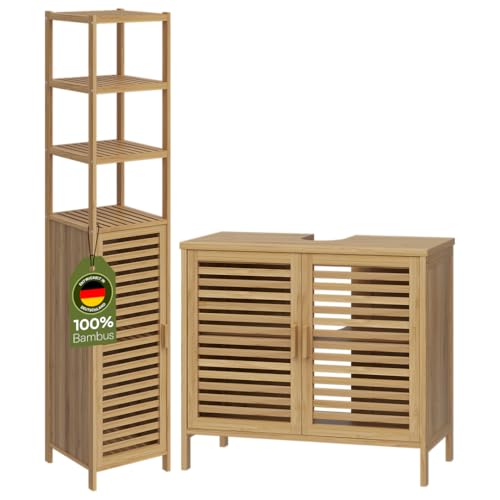 Bellamio Badezimmermöbel Set Newa, Waschbeckenunterschrank mit je 2 Ablagen und Hochschrank mit 6 Fächern und Tür, Badezimmerschrank, Badezimmermöbel aus Bambus lackiert, Standregal Bambus Regal