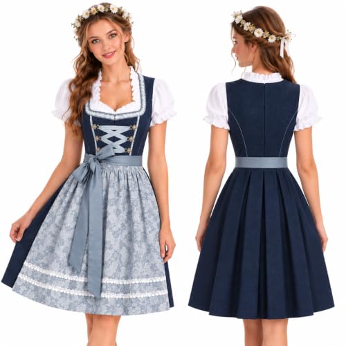Generisch Dirndl Damen midi Trachtenkleid Trachtenmode Trachtenrock Kleid inkl. Dirndlbluse Dirndlschürze 4 teilig für Oktoberfest Besondere Anlässe