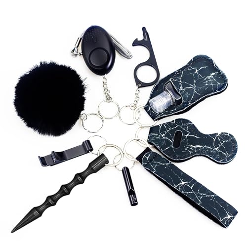 Selbstverteidigung Schlüsselanhänger Set Frauen, RosyFate 8 in 1 Self Defense Keychain Set, Sicherheits-Schlüsselanhänger-Zubehör , Sicherheitsalarm, Sicherheitshammer mit Gurtschneider (Schwarz)