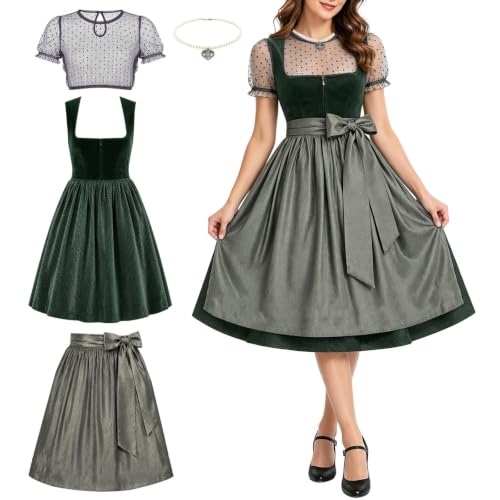 Dirndl Damen Midi Dirndlkleid Lang Samt Trachtenrock Trachtenkleid 4 Teilig