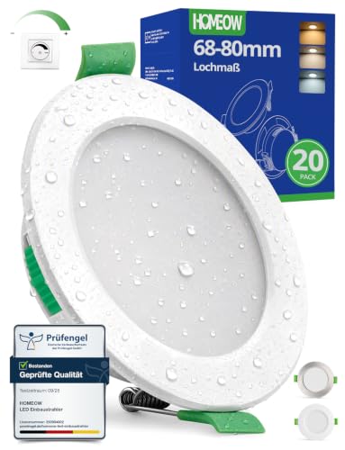 HOMEOW 20er Set LED Einbaustrahler 230V Dimmbar Spots 68mm - 80mm Lochmaß | IP44 Deckenspots Deckenleuchte 5W 400LM Warmweiß 2700K Neutralweiß 4000K Kaltweiß 6000K 24mm Flach Einbauleuchten für Bad