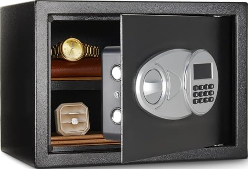 Amazon Basics Tresor aus Stahl, Sicherheit für Zuhause, mit digitaler Tastatursperre – für Bargeld, Schmuck, Ausweise, Dokumente, 14 l, 35cm x 25cm x 25cm (B x T x H), Schwarz