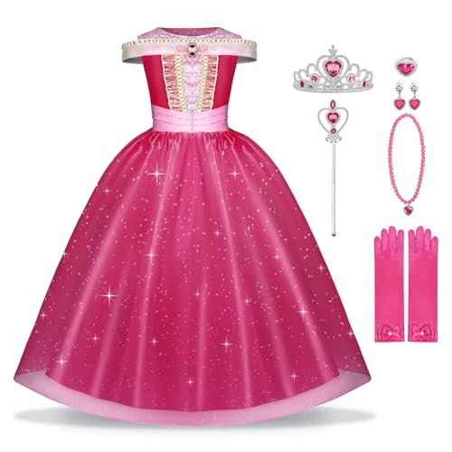 BSBUY Kostüm Kinder Dornröschen Mädchen 7Pcs Prinzessinnenkleid Kinder mit Krone Schmuck Handschuhe Zauberstab Halskette und Ringe Princess Costume für Verkleidung Karneval Halloween Geburtstag 120