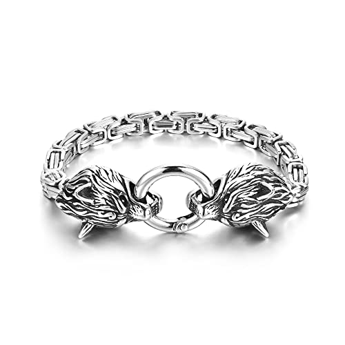 PiercingJak Herren Armband Wikinger Fenris Wolf Armkette Königskette 7mm Breit Edelstahl Wolfskopf Byzantine Chain Armreif Kettenarmband Nordisch Keltischer Biker Schmuck für Männer, 22cm