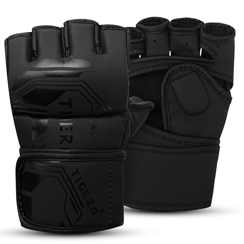 TIGERA MMA Gloves for Men & Women, Martial Arts Bag Gloves, Kickboxing Gloves with Open Palms, Boxing Gloves for Punching Bag, Sparring, Muay Thai, MMA (Black, S/M)