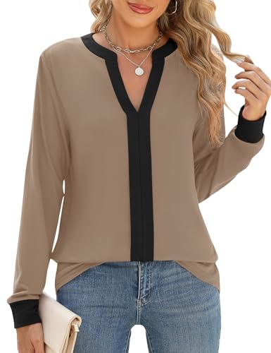 IECCP Bluse Damen Elegant V-Ausschnitt Oberteile Herbst Plissiert Langarmshirt Basic T Shirt Kleidung Festliche Blusenshirt Schwarz_Khaki L
